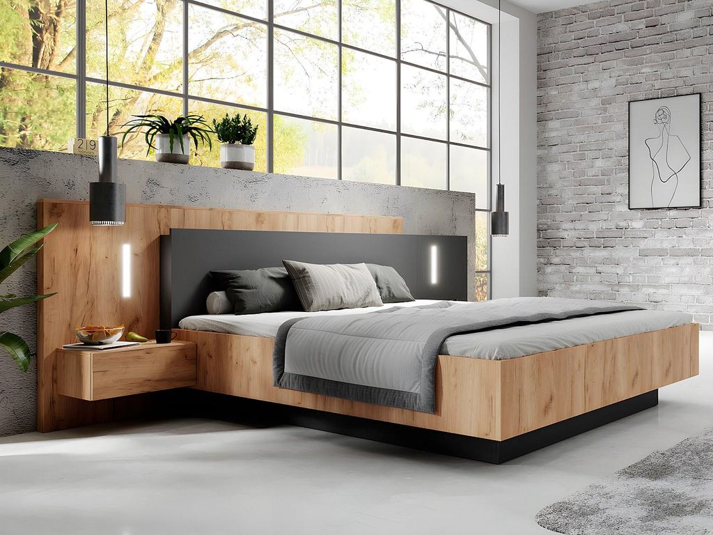 Bett mit Nachttischen 160 x 200 cm - 2 Schubladen - Mit LED-Beleuchtung - Farben: natur und anthrazit + Bettgestell + Matratze - FRANCOLI
