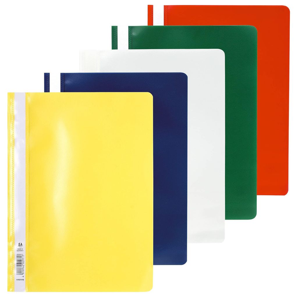 Verpackung von 25 Kunststoffordnern, DIN A4-Format, handelsübliche Bindung, verschiedene Farben mit Etikettenstreifen.