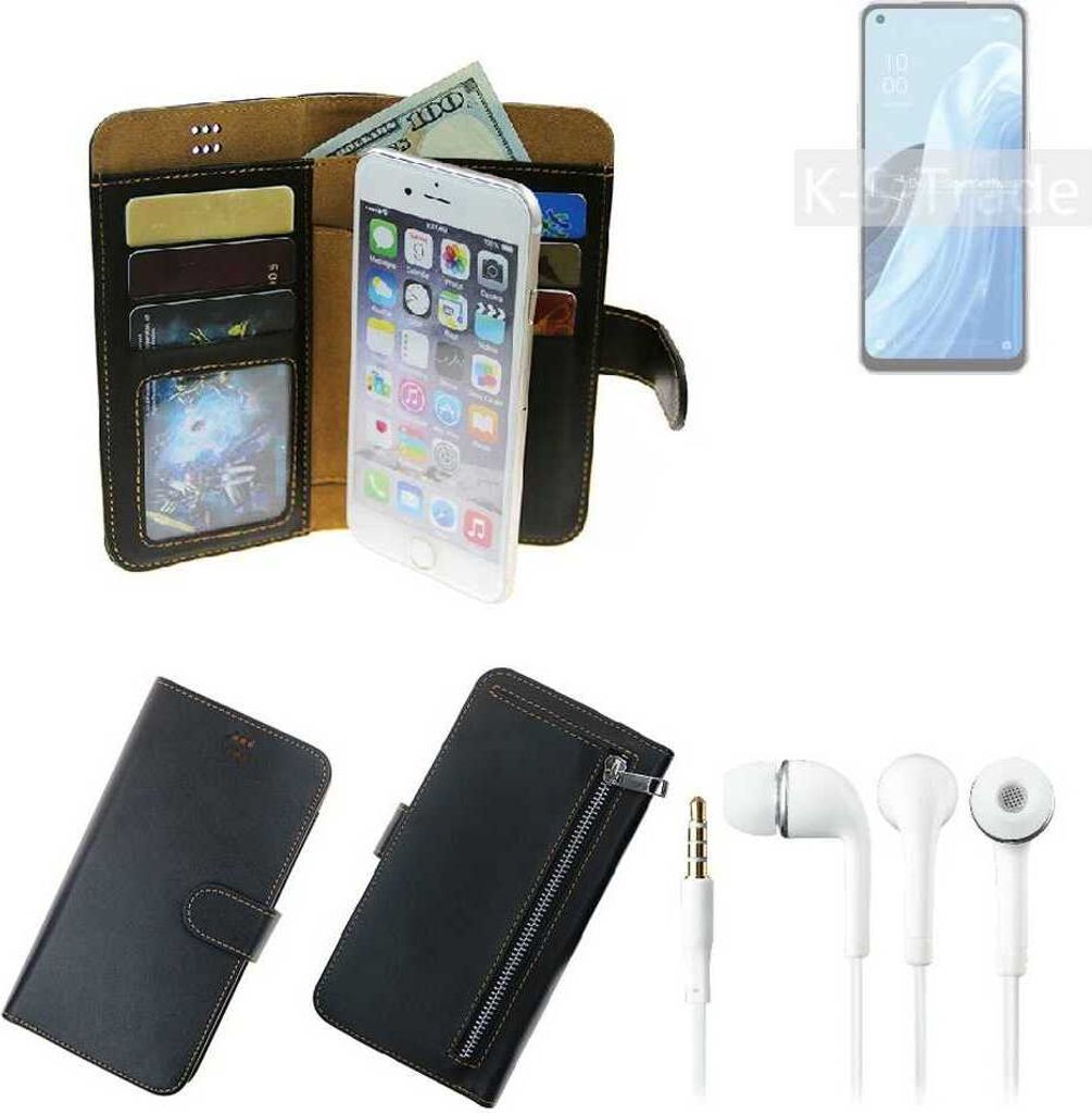 TOP SET Handy Hülle Schutz Hülle kompatibel mit Oppo Reno7 A 5G schwarz aus Kunstleder + Kopfhörer Smartphone Tasche vollwertige Geldbörse