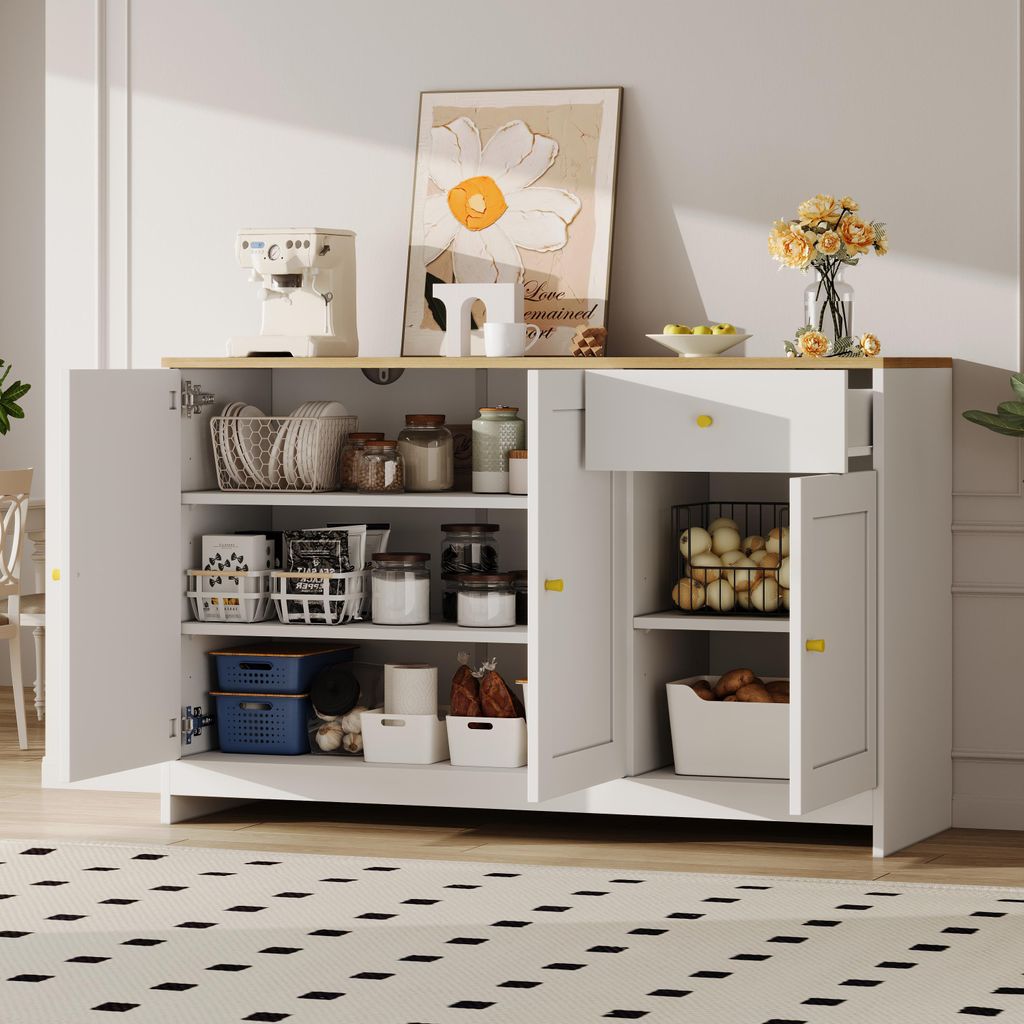 MODFU Sideboard Stauraumkommode mit Drei Türen mit Schublade Für Wohn und Esszimmer In Holzdekor Weiß