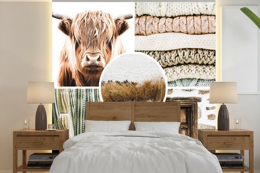 MuchoWow Fototapete für Wohnzimmer oder Schlafzimmer Wandtapete Vinyl Motivtapete Schottischer Highlander - Collage - Böhmisch - 280x280 cm - H...