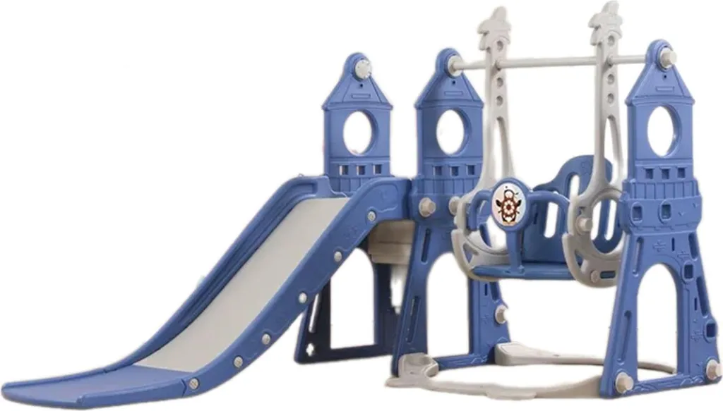 Toboggan enfant bleu avec balançoire et panier basket 3-en-1 - Modèle 120cm