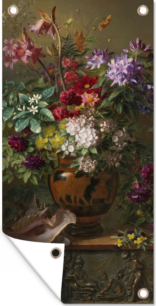 MuchoWow 30x60 cm Outdoor-Poster Gartendeko Sichtschutz Garten Poster für den Garten Stilleben mit Blumen in einer griechischen Vase: Allegorie ...