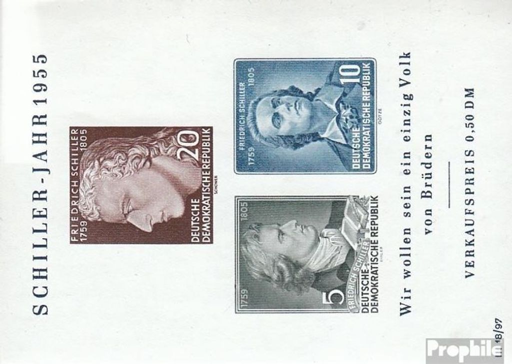 Briefmarken DDR 1955 Mi Block12IV (kompl.Ausg.), vorgezogener Fußstrich des J bei JAHR postfrisch 150.Todestag von Schiller
