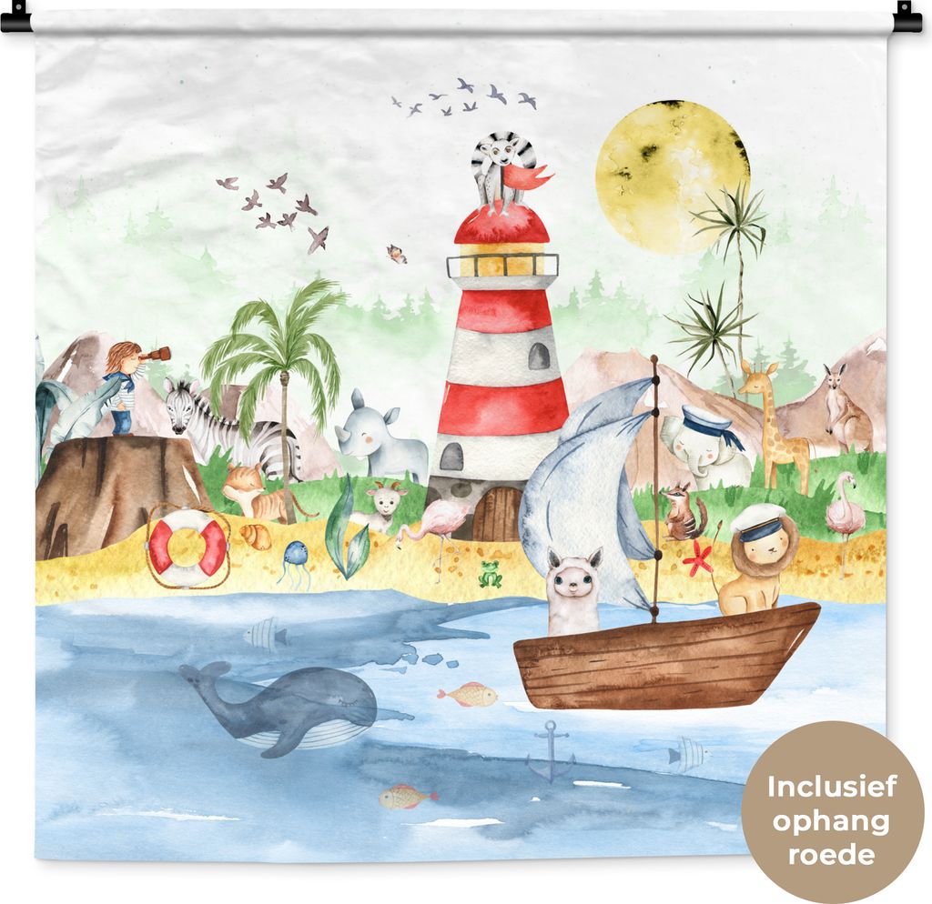 MuchoWow Wandteppich Wandbehang Strand - Tiere - Kinder - Leuchtturm - Jungen 90x90 cm Tapisserie Dekoration Wandtuch - Wandaufhänger