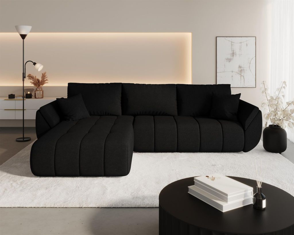 Ecksofa Schlafsofa MISATO Stoff Wind Schwarz Ottomane Links