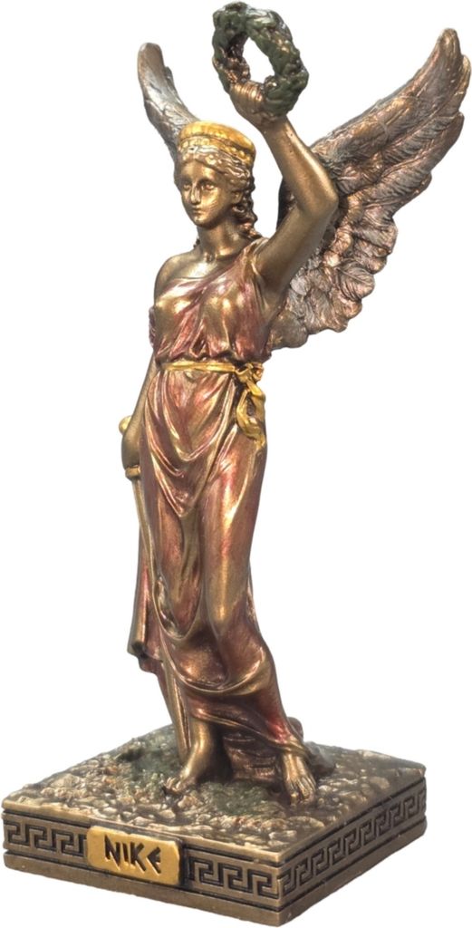 Miniatur Nike, griechische Siegesgöttin mit Lorbeerkranz in erhobener Hand