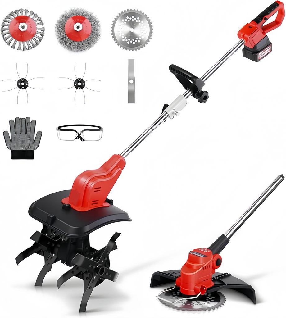 5-in-1-Gartenfräsen,Akku-Bodenfräse,Akku-Rasentrimmer,gemahlene Hacke & Grass-Trimmer-Set,mit 2 Batterie,Drahtrolle,Drahtbürste,inklusive Metall...