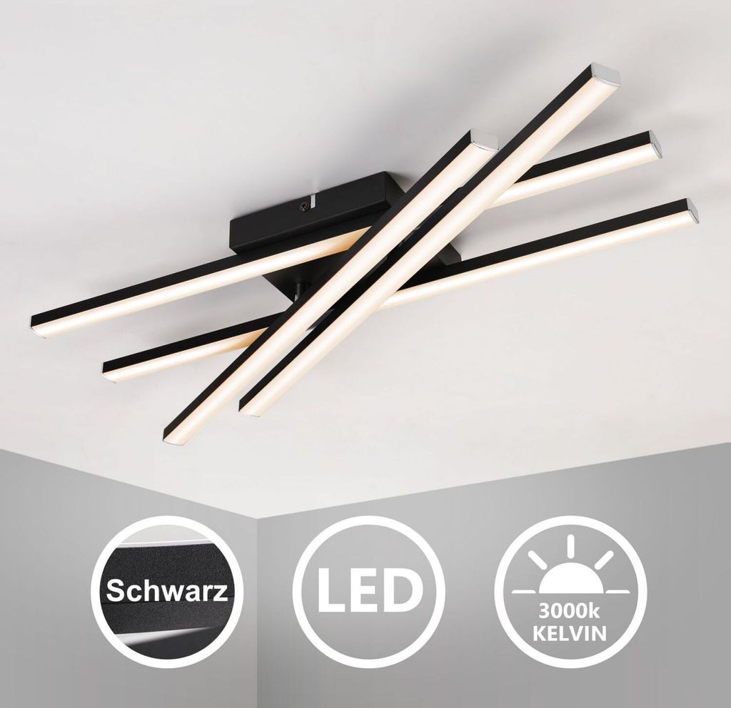 IMPTS LED Deckenleuchte 21W Modern Deckenlampe Schwarz mit 4-Gerade Lichtleisten Lampen Deckenbeleuchtung Warmweiß Wohnzimmer Flur Deckenleuchte