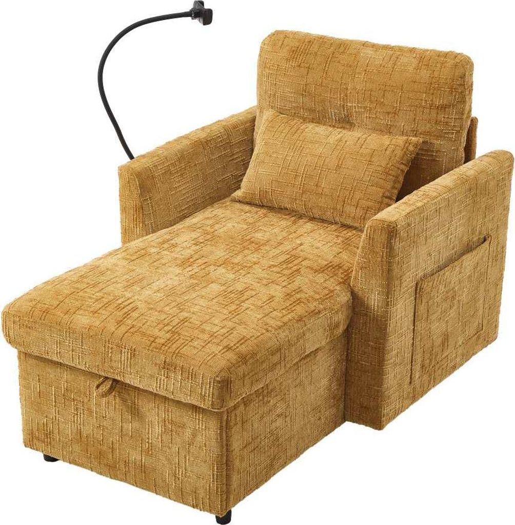 AIORBER Relaxsessel Faulenzersofa Chenille Einzelsessel mit Aufbewahrung Handyhalter verstellbarer Rückenlehne Seitentasche – Beige/Gelb/Grau/Gr...