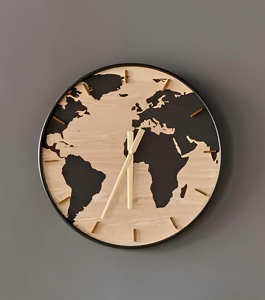 XXL Wanduhr "Welt" Ø 57 cm, moderne Wohnzimmeruhr in Holz Produktbild 