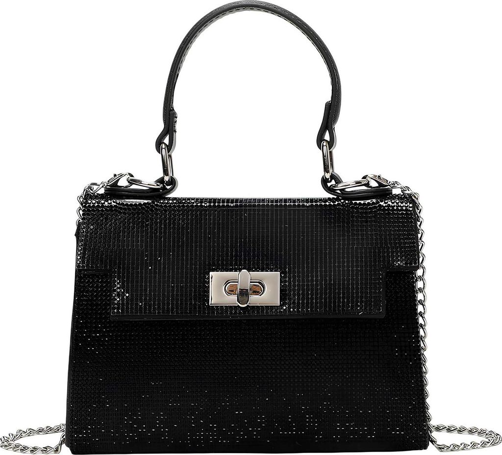 Avizar, Damen Abendtasche mit glänzender Mesh-Optik und Kette, Schwarz