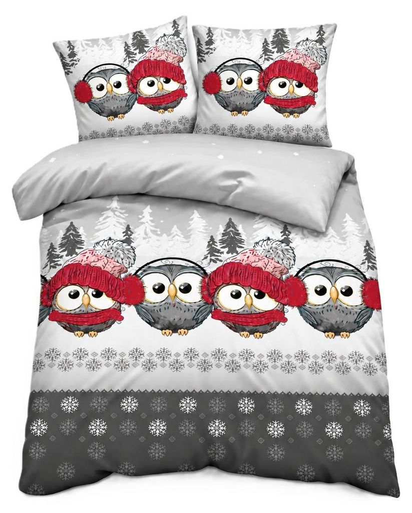 Winter Biber Bettwäsche Eule grau Baumwolle Flanell Produktbild 