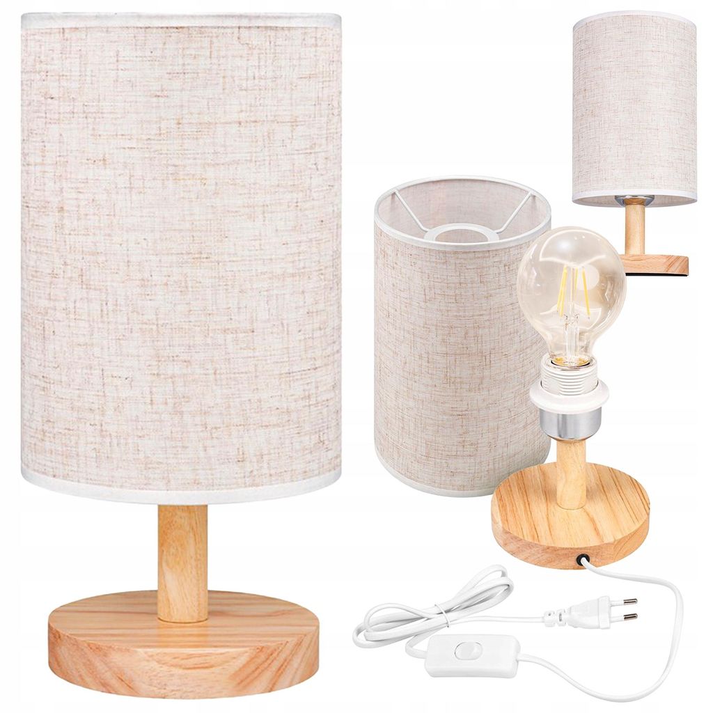 MasterLED E27 Tischleuchte Boho Holz & Stoff Weiß 30cm, Nachttischlampe, Schreibtischlampe Deko Wohnzimmer