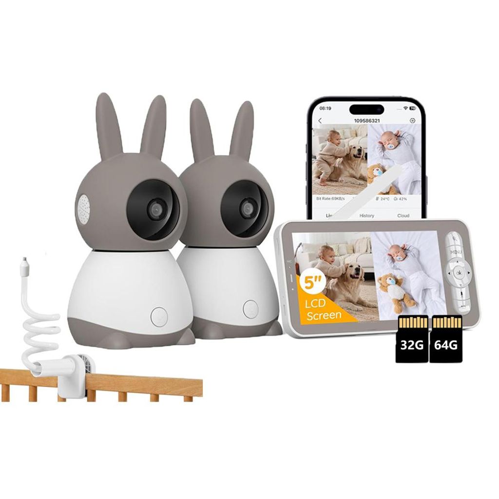 Babyphone mit 2 Kameras und APP 2K/5,0 Zoll WLAN Babyfon mit Split-Screen PTZ 4×Zoom IR-Nachtsicht Automatische Verfolgung mit Halterung mit 32G &...