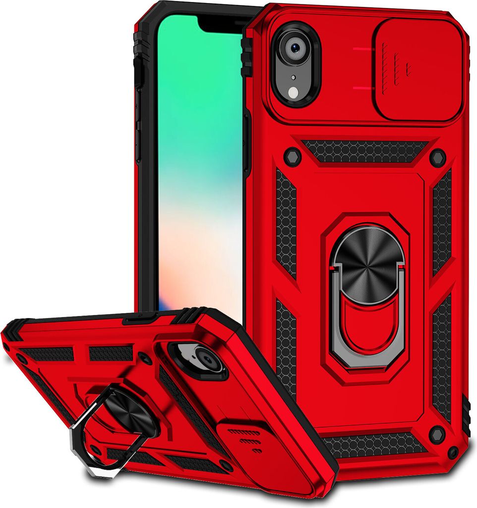 iPhone XR Hülle mit Schiebe Kamera Schutz und Ringhalter Ständer Robust Rüstung Schutzhülle für iPhone XR Rot