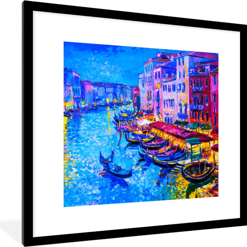 MuchoWow Gerahmtes Poster Malerei - Italien - Boot - Wasser - Architektur 40x40 cm - Poster mit Schwarzem Bilderrahmen Wandposter Rahmen Foto Bil...