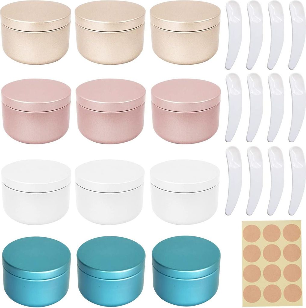 12 Stück Aluminium leere Töpfchen - Kerzenbehälter - 50 ml kleine Dosen - Deckel - Reisecremebehälter - 12 runde Aufkleber - Lippenbalsam - Lot...