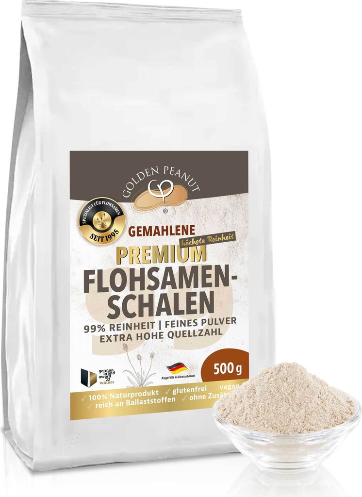 GOLDEN PEANUT Flohsamenschalen Pulver 99% 500 g, Psyllium fein gemahlen, ohne Zusätze, glutenfrei, ideale Backzutat