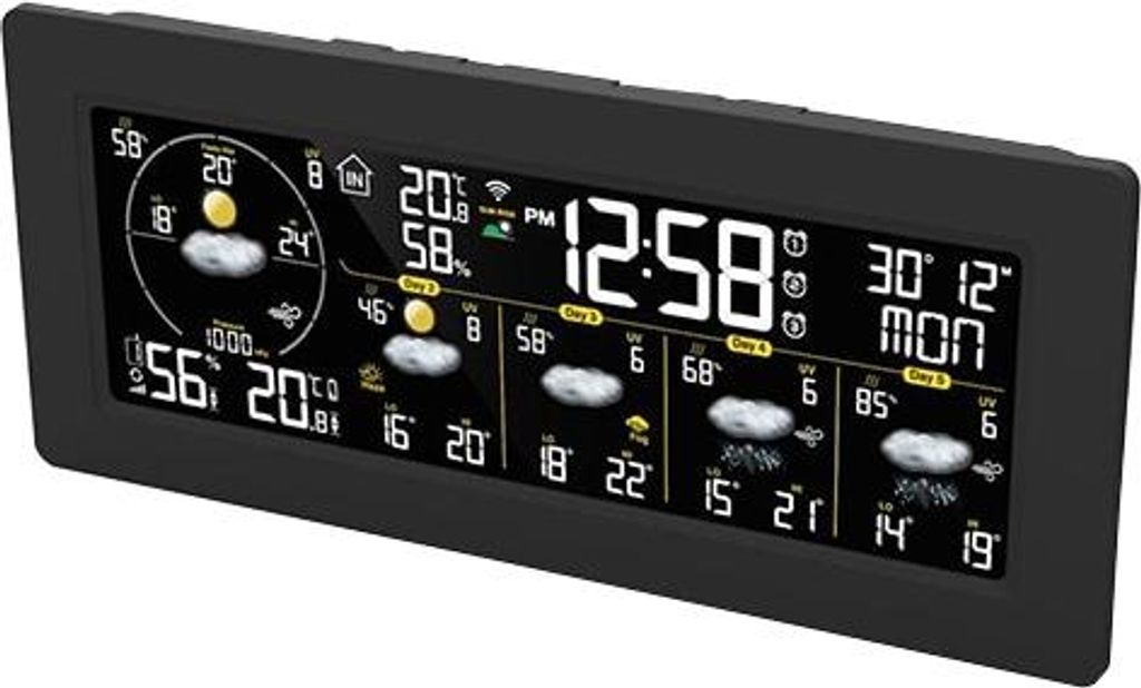 A digital weather station displaying time, date, temperature, and weather forecasts.