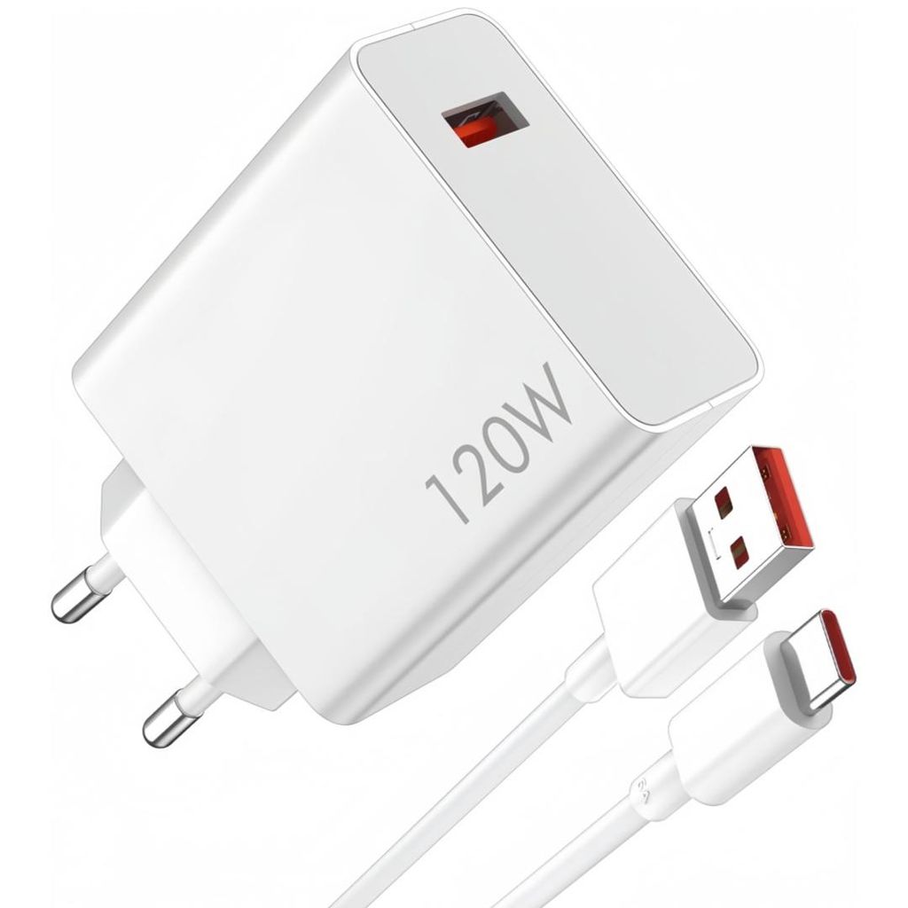 A white 120W USB charger with a red accent inside the USB-C port, shown with two white cables. One cable has a USB-A connector and the other has a USB-C connector, both with red accents.