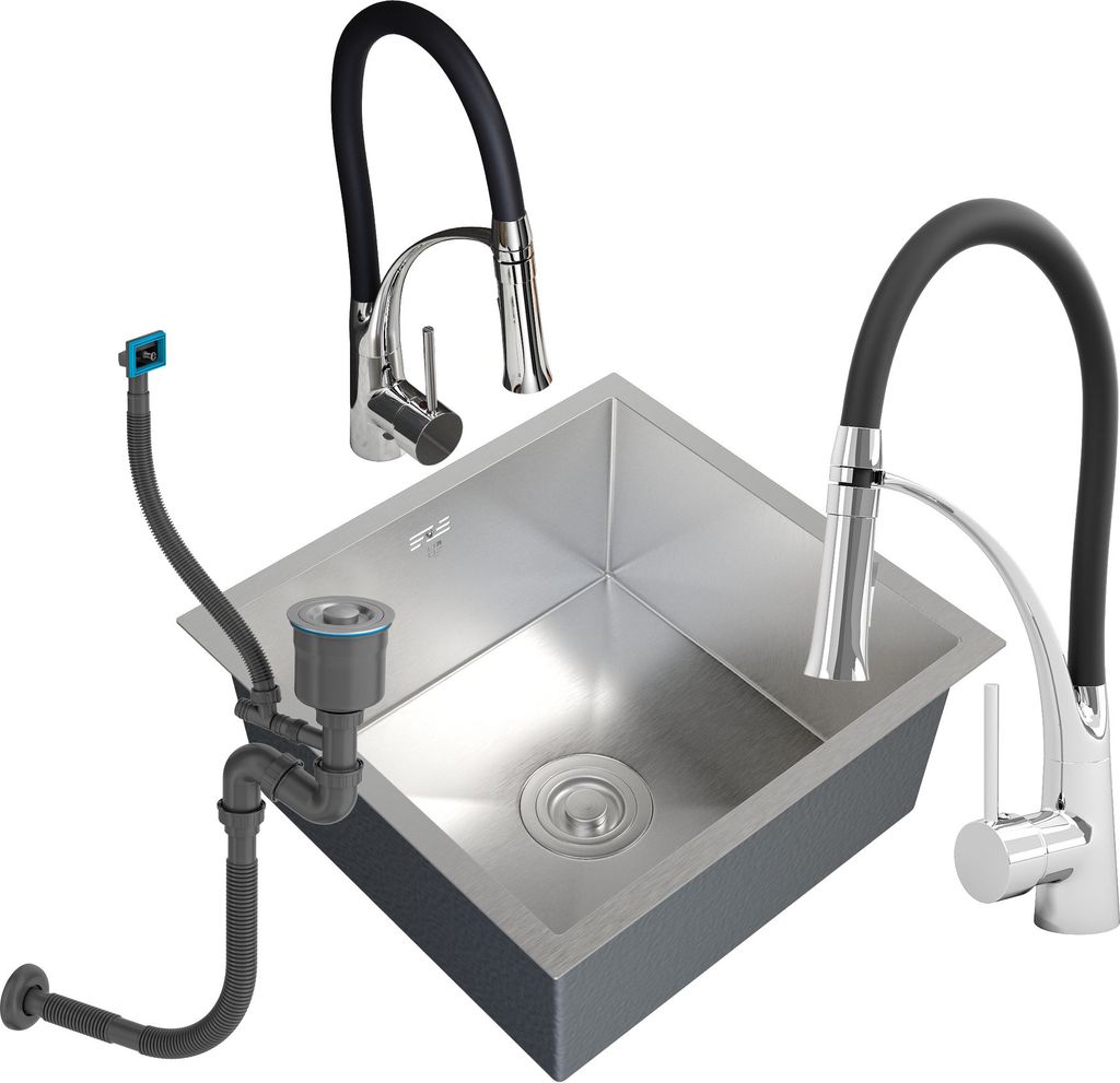 Granitan | Stahlspüle - Spülbecken 1-Kammer - 47x45 cm - Rechteckig - Silber - mit Küchenarmatur - mit Siphon