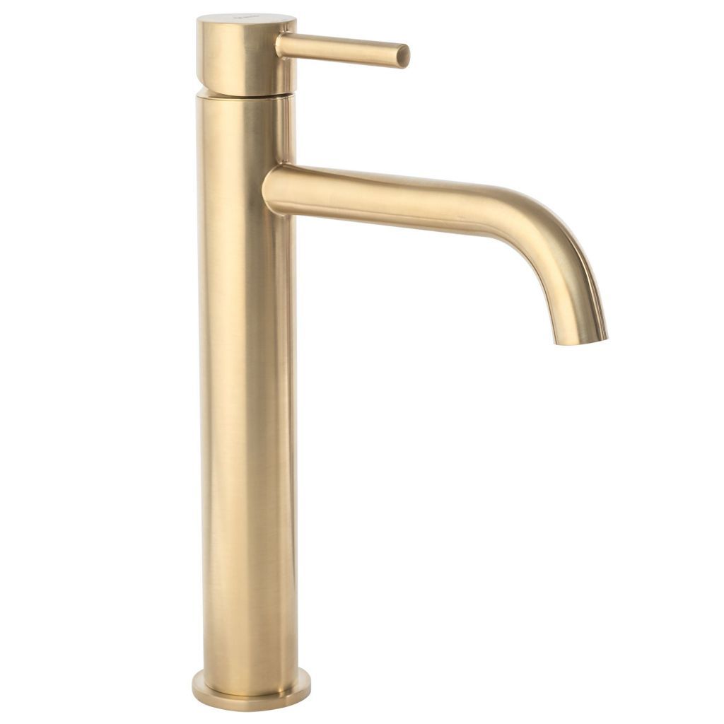 A single gold faucet on a white background.