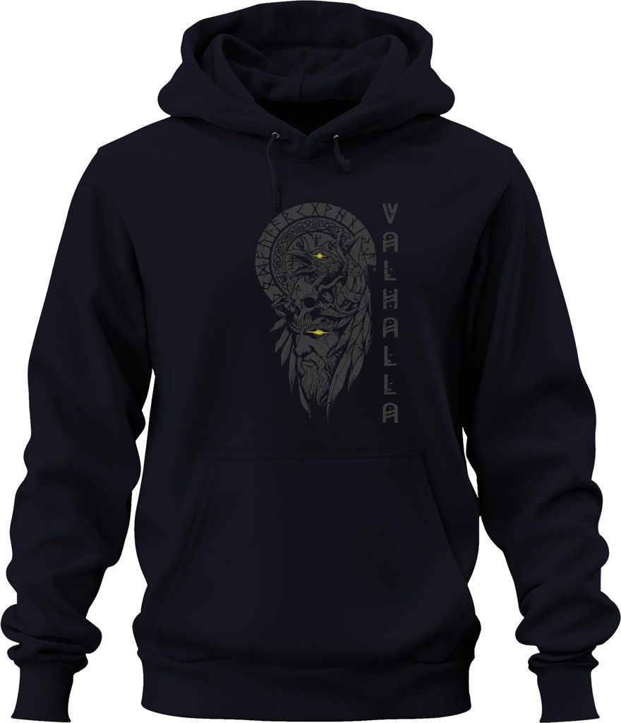 Wikinger Odin Auge Gelb Valhalla Rabe Nordisch Runen Mythologie Uni Hoodie Kapuzenpullover, Navy, 3XL