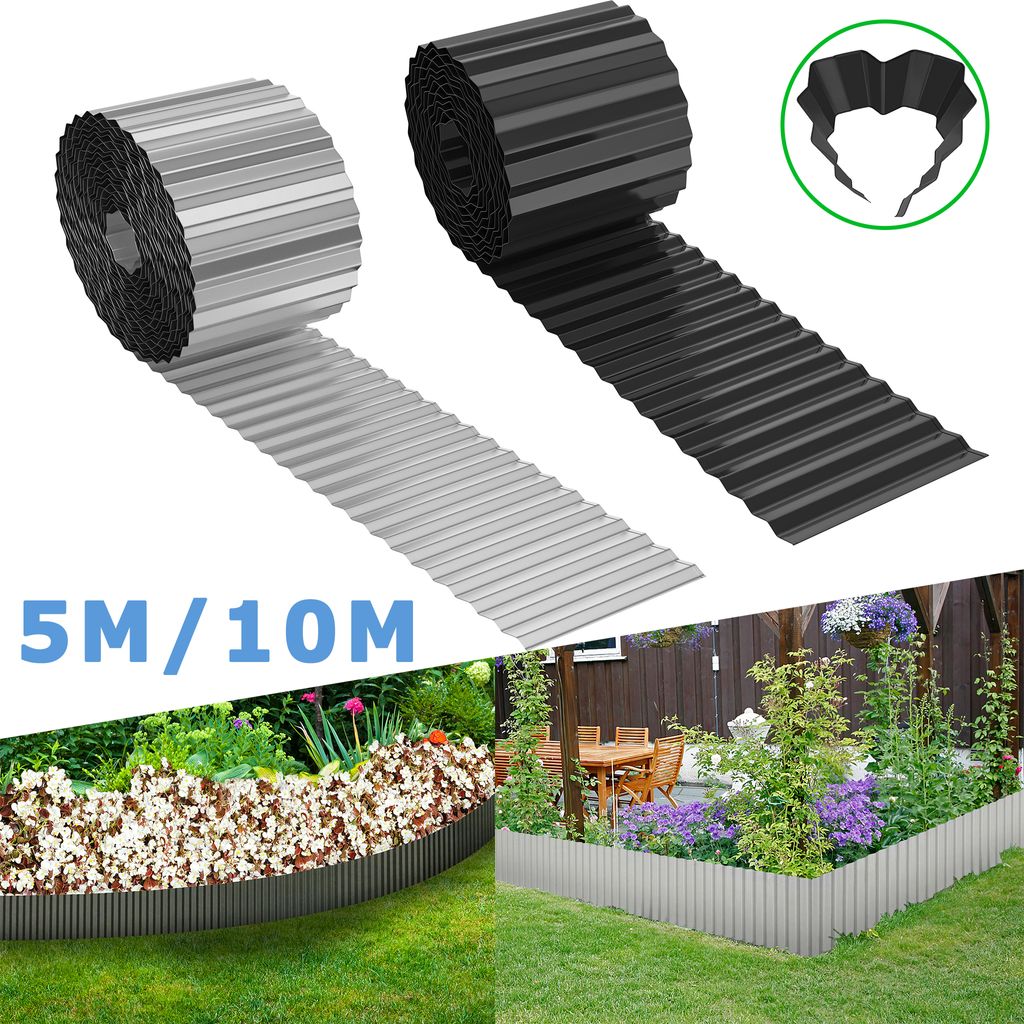 A collage showing rolls of corrugated metal garden edging and examples of its use in landscaping.