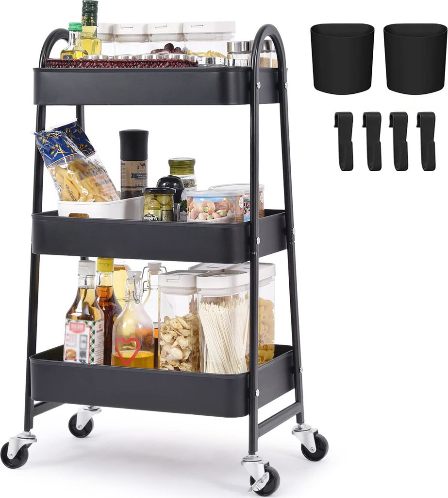 TOPCHANCES 3-stöckiger Aufbewahrungswagen, Küchenwagen mit feststellbaren Rollen, multifunktionaler Tolley-Wagen mit Griff für Küche, Waschküc...