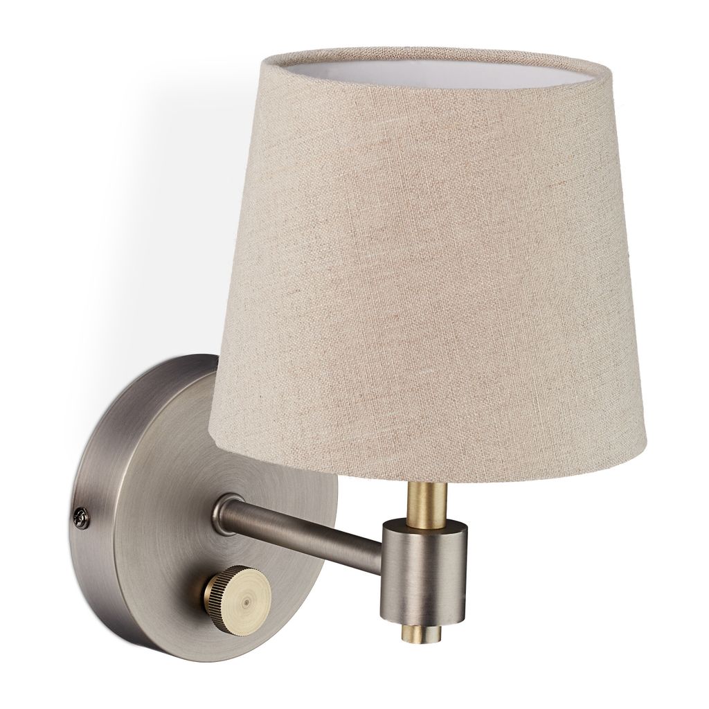 Relaxdays Wandlampe Vintage, dimmbar, Wandstrahler mit Schalter, Stoffschirm, E14, HxBxT: 23 x 15 x 21 cm, beige/silber