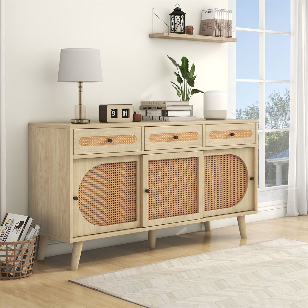 Sideboard, mit PE-Kunststoff-Rattantür und 3 Schubladen, verstellbaren Einlegeböden, Sideboard mit 3 Schiebetüren , 140 cm lang, Holz