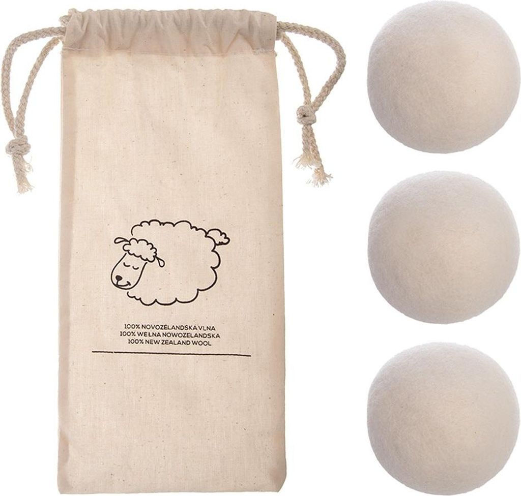 A set of wool dryer balls and a storage bag are displayed against a white background.