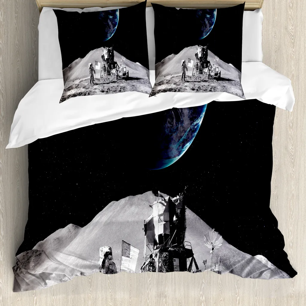 ABAKUHAUS Copripiumino Space, Luna Space, antiacaro, adatto a chi soffre di allergie, con federe, 200 cm x 200 cm - 80 x 80 cm, grigio e blu