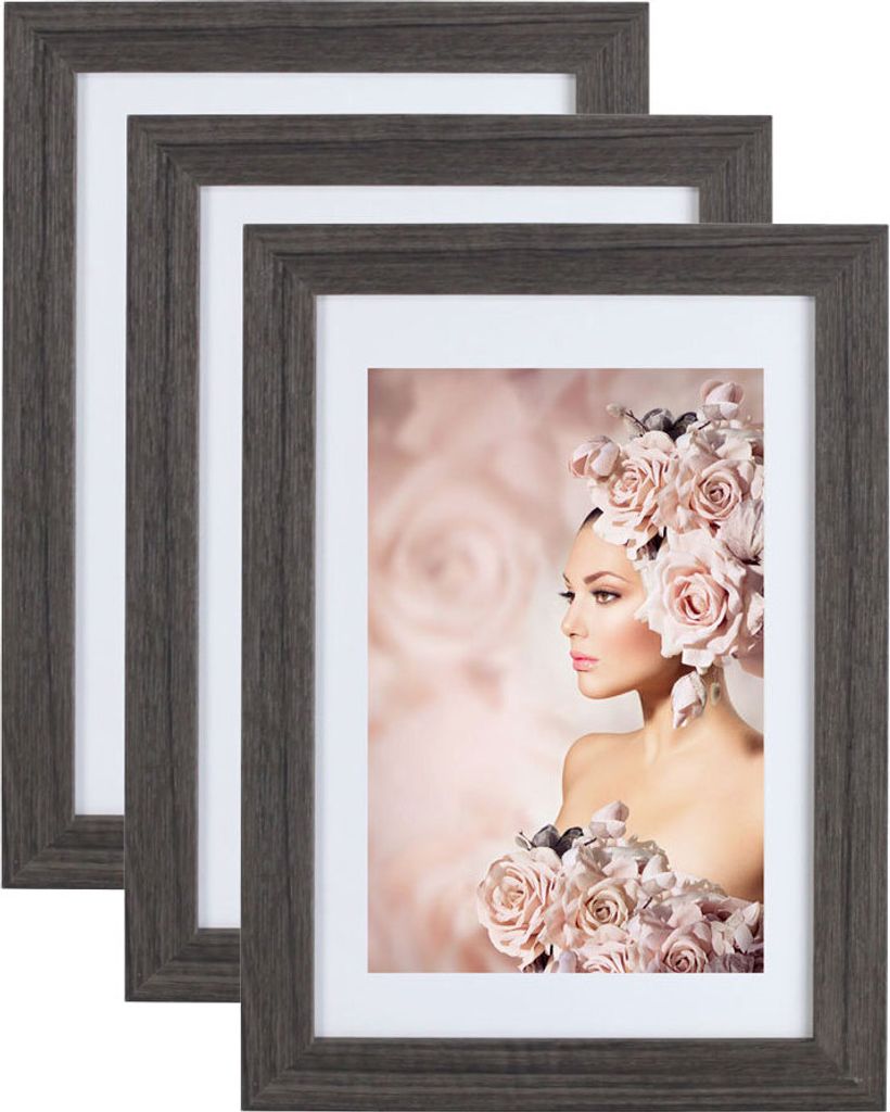 3er Pack Holz Bilderrahmen Foto Plexi Rahmen Acryl Collage Wanddeko Poster S215 - Farbe: Grau | Format: 15x20