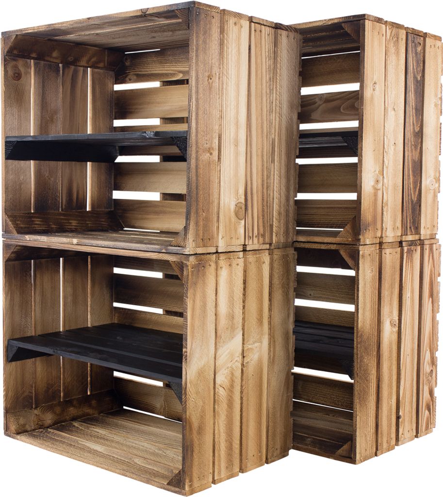 4er Set neue geflammte/braune Holzkiste mit Mittelbrett Schwarz 50cm x 40cm x 30cm Obstkiste Weinkiste Weinkiste Kiste Regal Apfelkiste