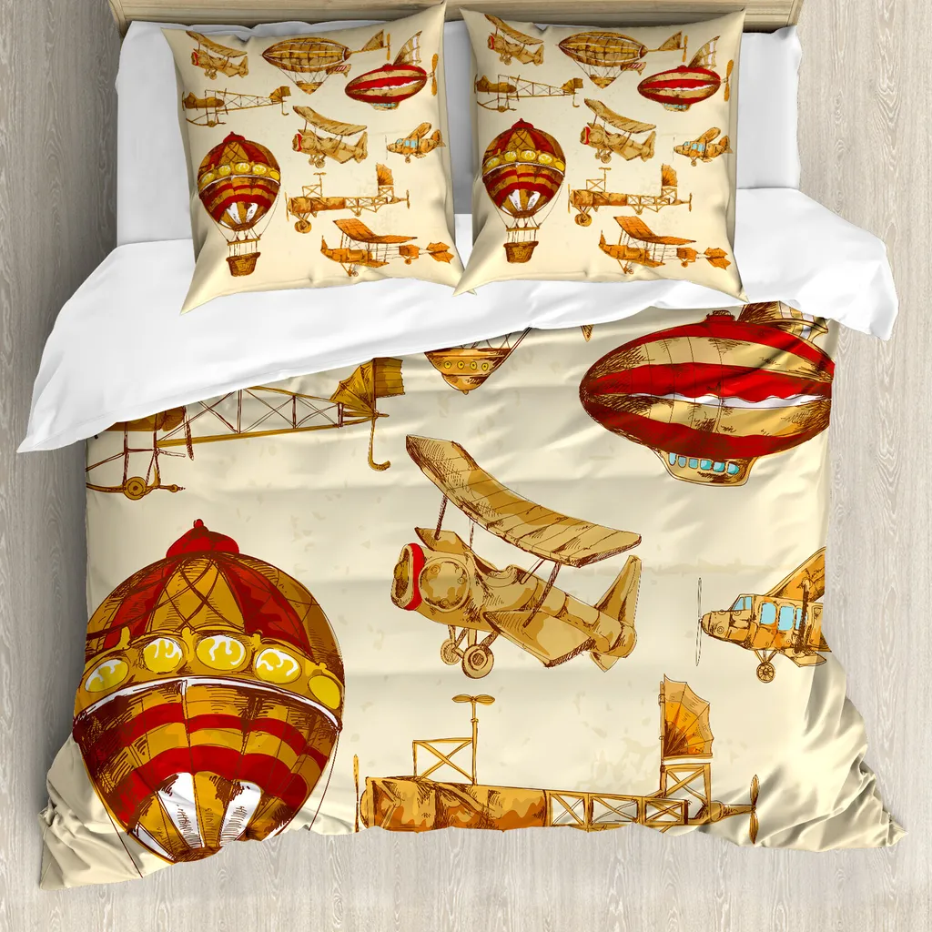 ABAKUHAUS Copripiumino Aeronautica, Vintage Baloons Planes, Antiacaro e anallergico con federe, 155 cm x 220 cm - 80 x 80 cm, Sand Brown Mustard