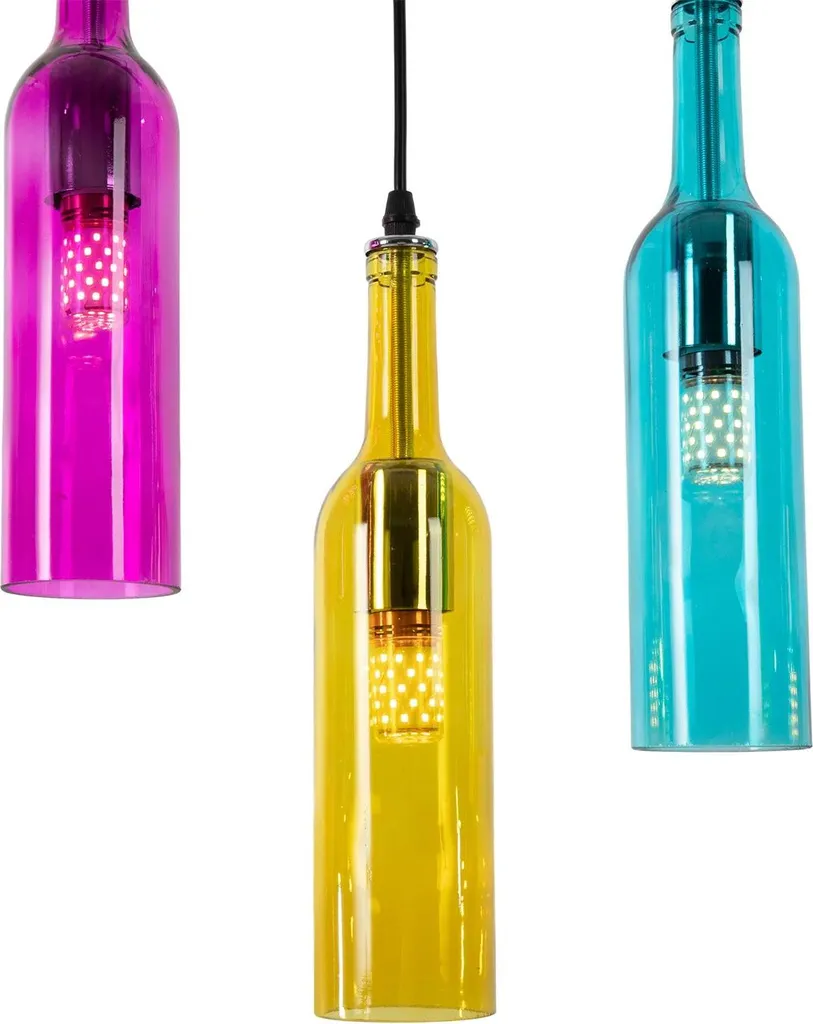Lampada a sospensione a forma di bottiglia di vino - 5 luci - Regolabile in altezza 150 cm - Attacco E27 - Dimmerabile - Vetro - Senza lampadina - Multicolore - 10
