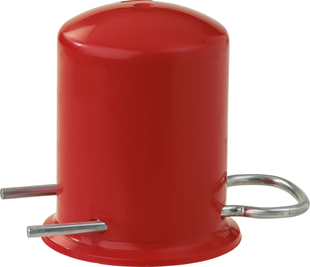 A red protective cap for a propane bottle is shown against a white background.