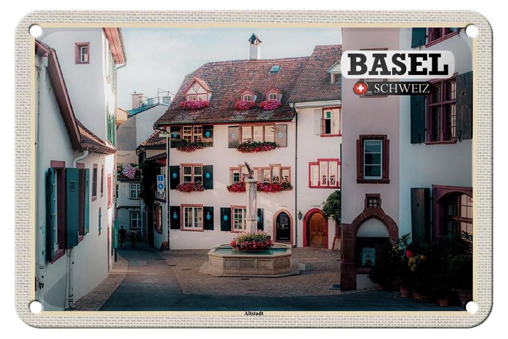 Blechschild Reise Basel Schweiz Altstadt 18x12cm Geschenk Dekoration