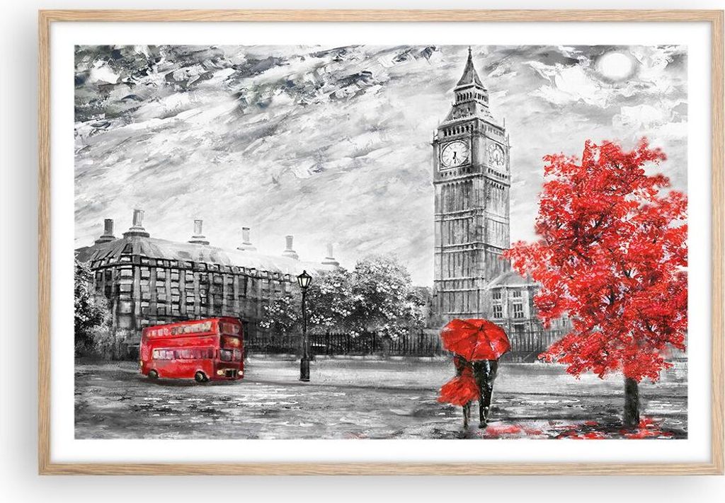 Gerahmtes Poster - Rahmen in heller Eiche - London Bus - 91,5x61 cm - Wand Bild - Wanddeko - Wandbilder - Kunstposter - Wandposter - Bilderrahmen -...