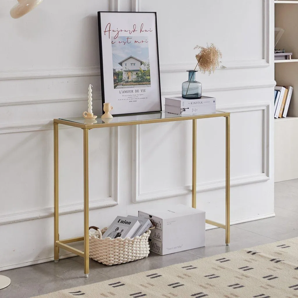 Console d'Entrée Design Bolt Edge - Table d'Appoint Or et Verre 100 cm - 4