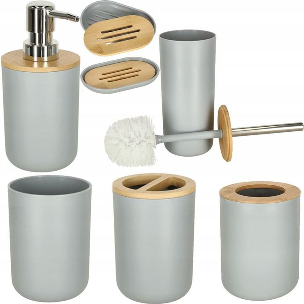 Badezimmer Zubehör Set Grau 6 tlg Seifenspender Becher Zahnbürstenhalter Toilettenbürste Abfalleimer