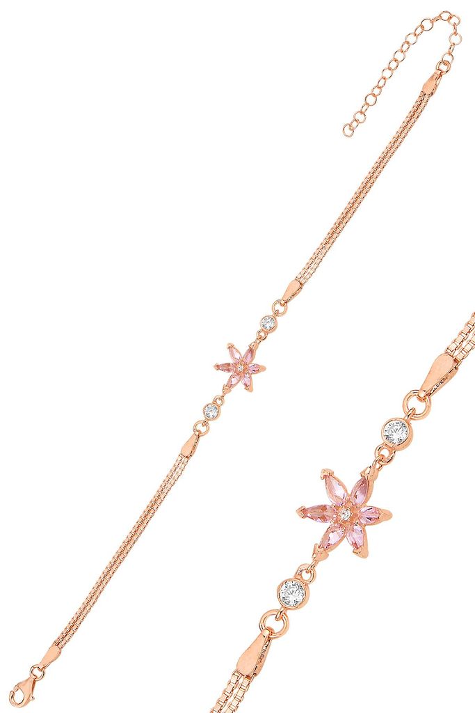 Lotusblüte Armband 925 Silber Rosegold, Elegante Damen-Zirkonia-Kette mit Lotus-Motiv