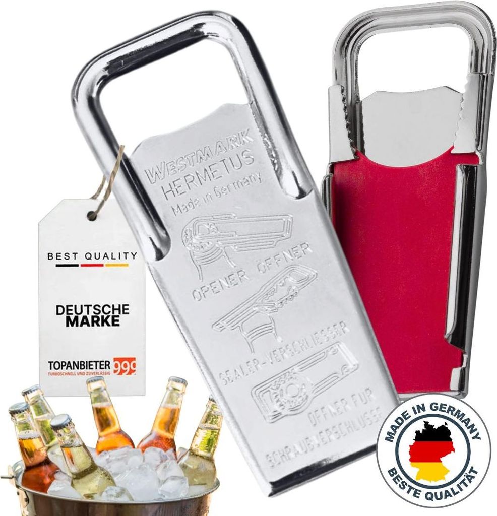 Flaschenöffner Hermetus aus Stahl - 3 in 1 Kapselheber, Hergestellt in Deutschland, Schraubverschlussöffner und Flaschenverschließer