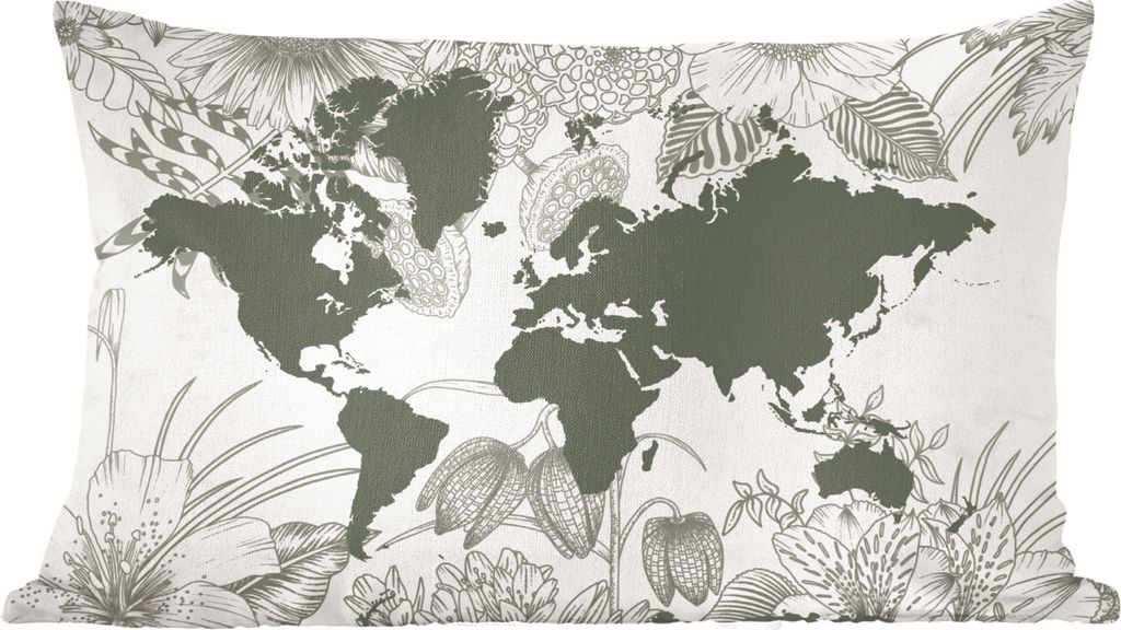 MuchoWow Zierkissen Sofakissen Wohnzimmer Dekokissen 50x30 cm Weltkarte - Blumen - Grau - Wohnzimmerdekoration - Polster mit Photo