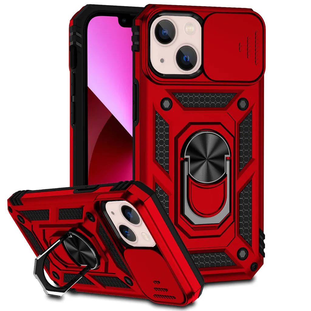 Custodia per iPhone 13 a doppio strato con copertura scorrevole della fotocamera e supporto ad anello rosso