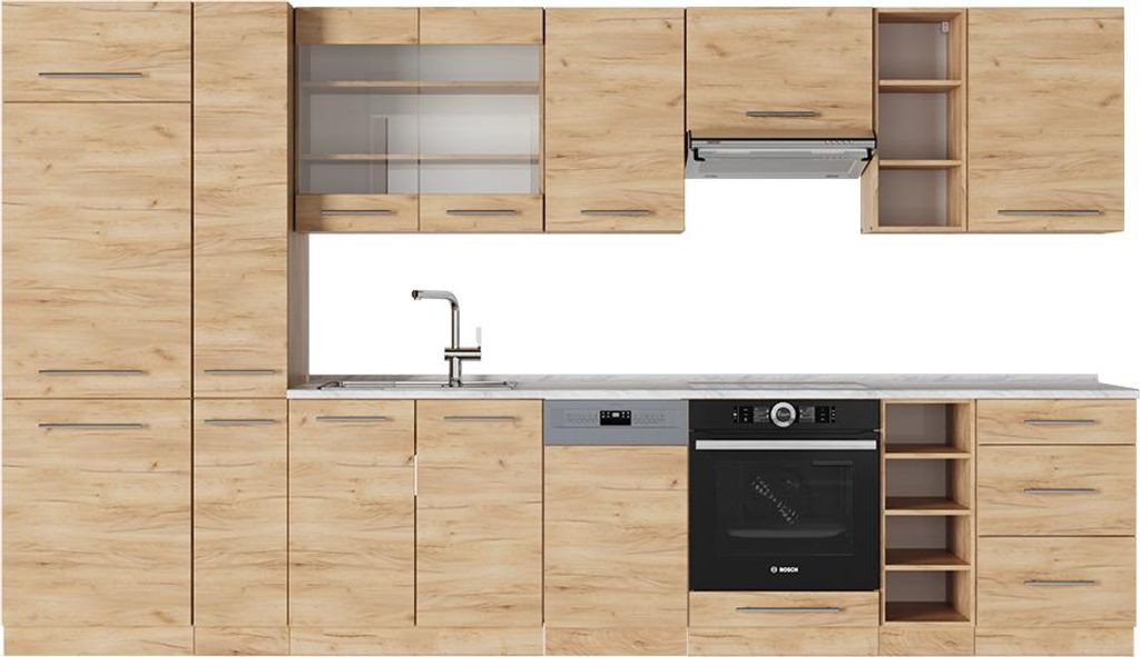 Küchenzeile Vicco Fame-Line Goldkraft Eiche 355 cm , AP Marmor, Model 57166