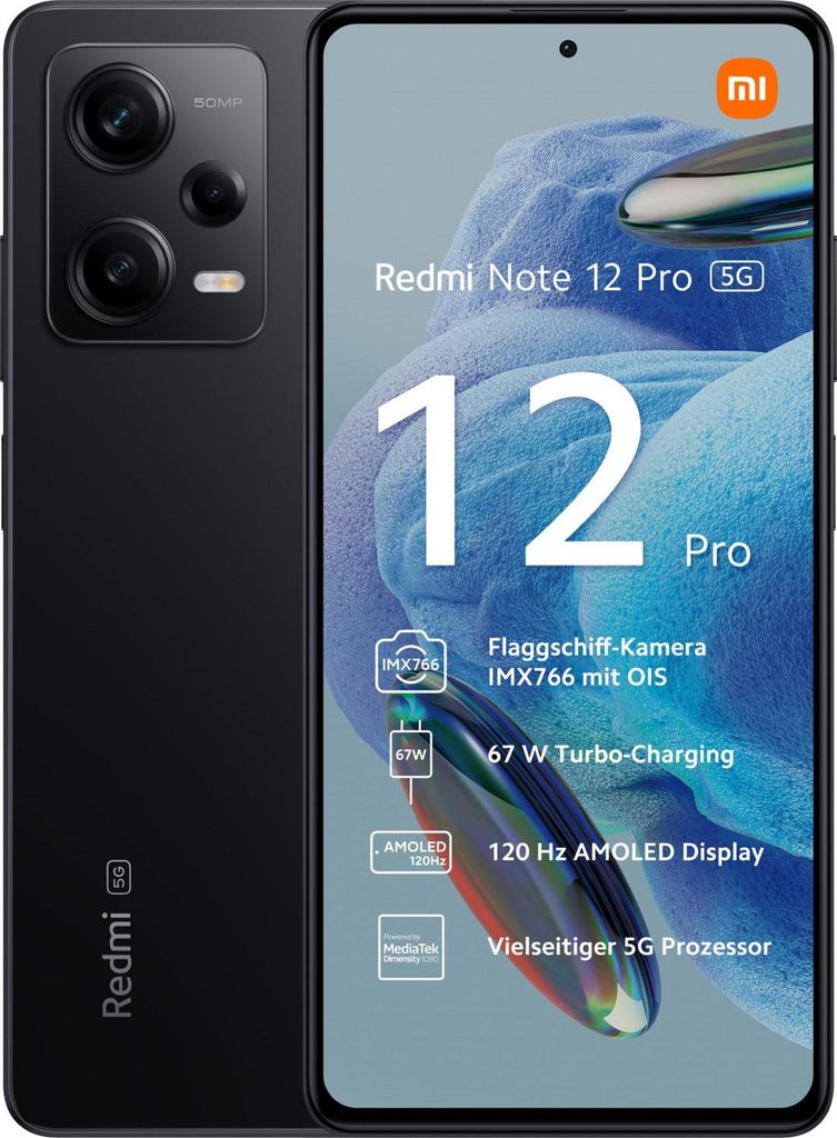 A marketing image for the Redmi Note 12 Pro 5G smartphone, showcasing its features.