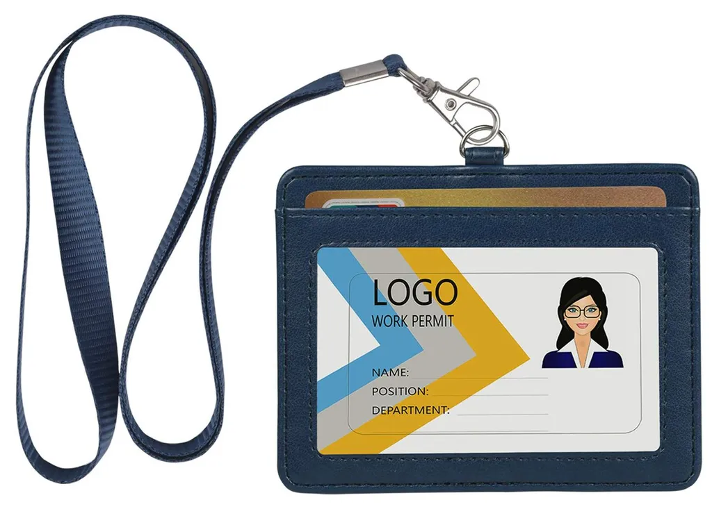 Cordon porte-badge pour bureau et transport avec étui cuir PU bleu